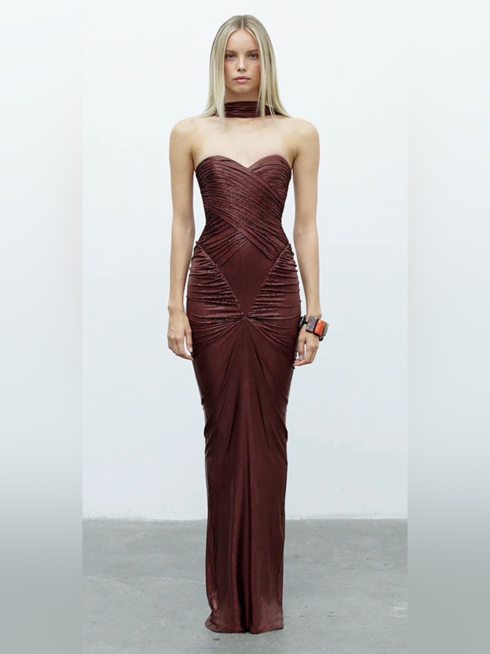 Strapless Chocolate Brown Maxi Dress with Choker